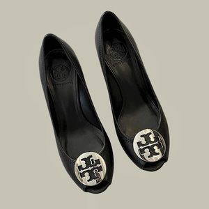 Tory Burch Leather Pumps - Black Open Round Toe Wedge Heels